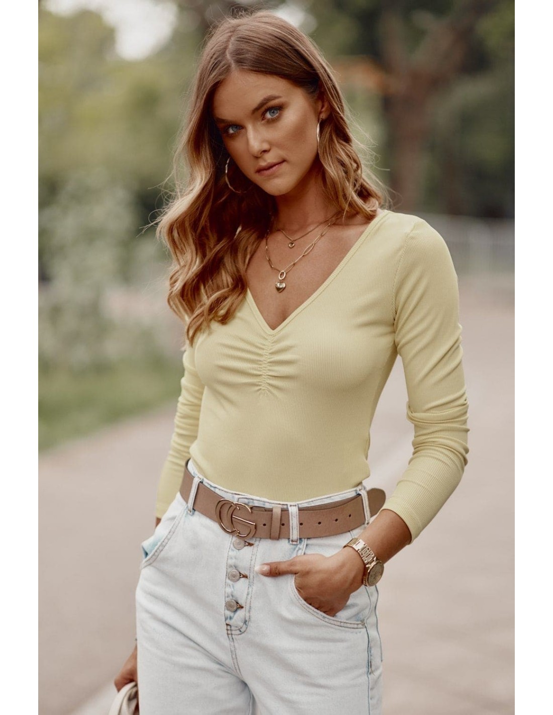 Ribbed bodysuit with ruffled front, yellow FG597 - Online store - Boutique